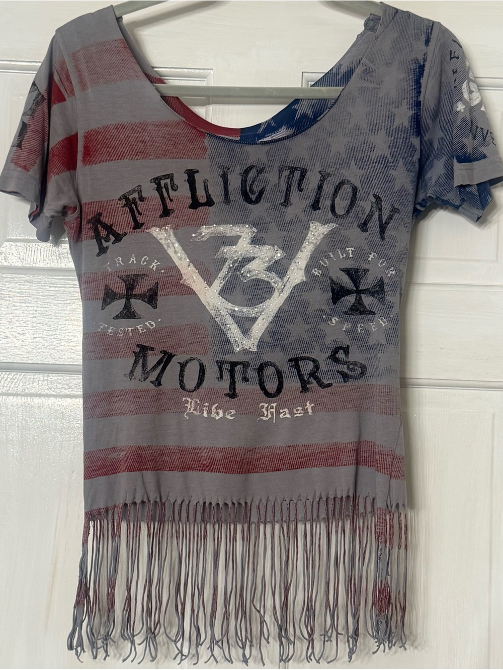 Affliction American Flag Fringe Scoop Neck Tee - Red, Blue, Gray
